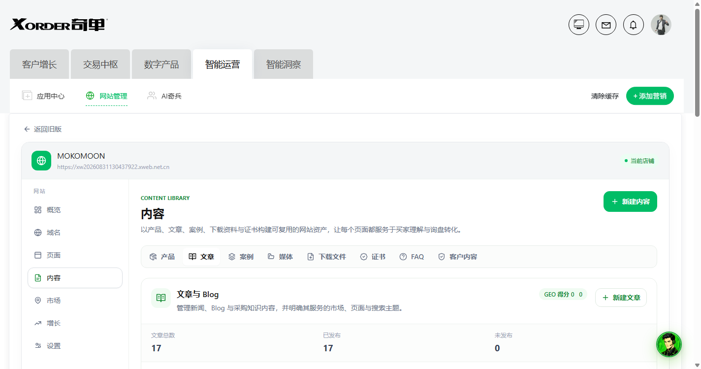 智能运营 → 网站管理 →「内容」页实拍：左侧概览/域名/页面/内容，顶部产品、文章、案例、媒体等九个入口