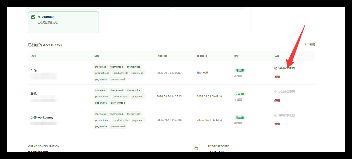 在已创建的 Access Keys 列表中点击复制安装配置