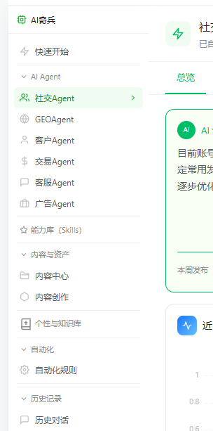 AI 奇兵工作台左侧菜单:「快速开始」在最上面