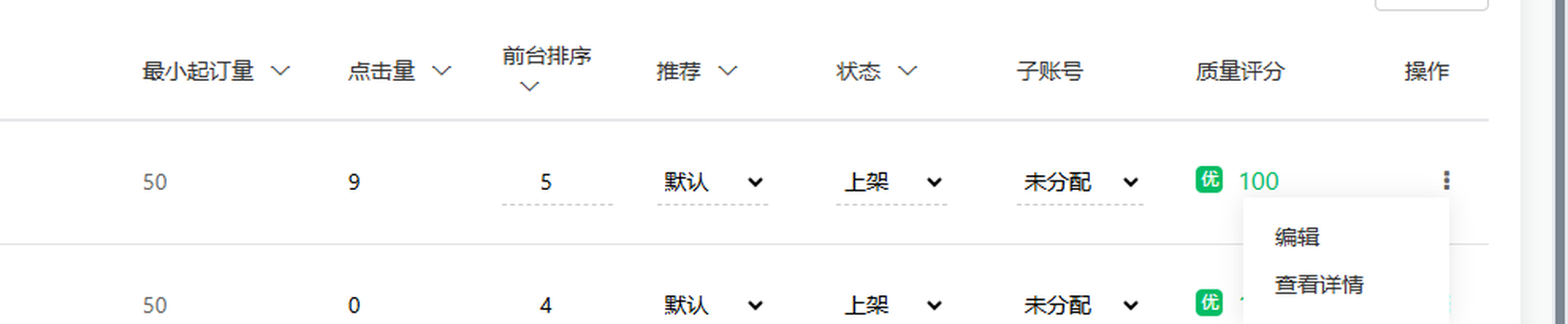 行尾 ⋮ 菜单展开实拍:里面只有两项 ——「编辑」(进产品编辑页)与「查看详情」(跳前台产品页)