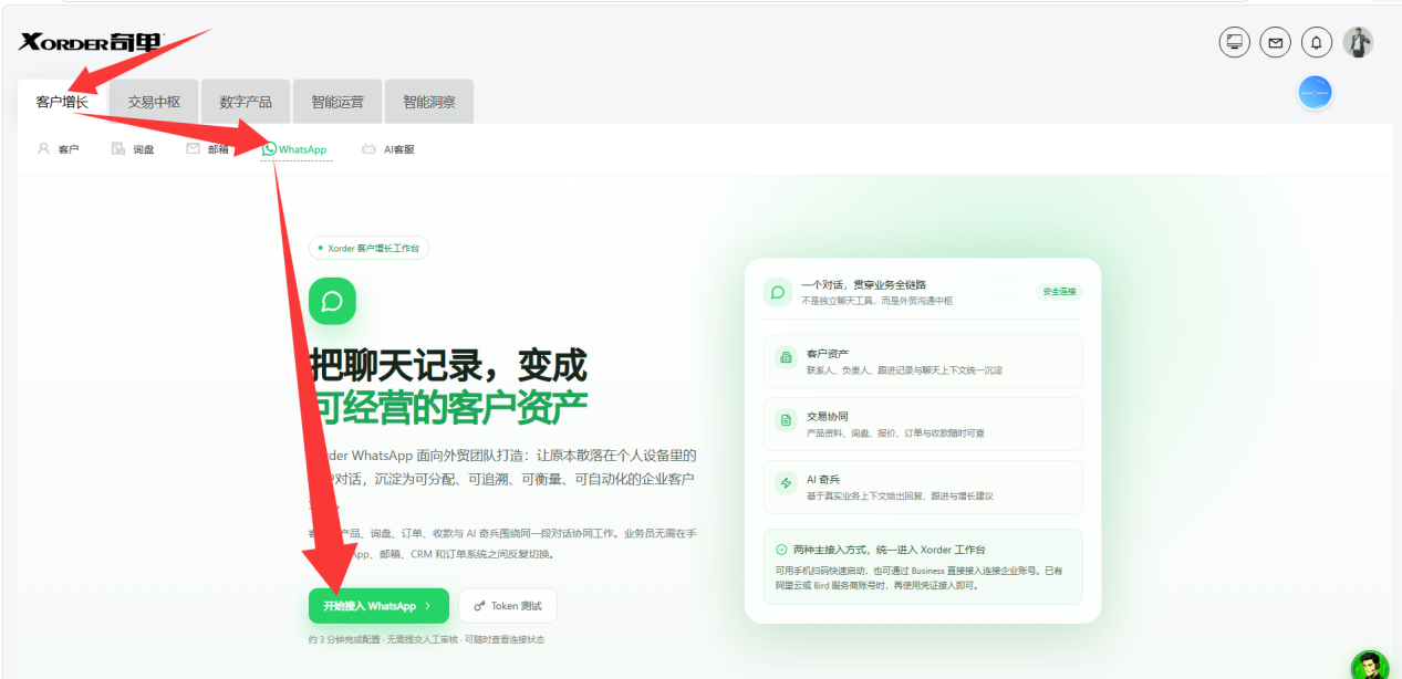 图 1 · 客户增长 → WhatsApp → 开始接入 WhatsApp