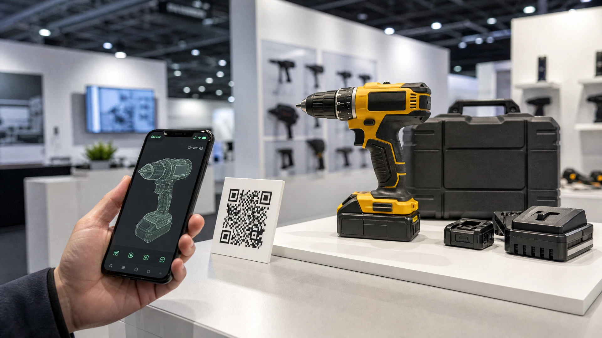 Power tools trade-show counter with product display, QR code and smartphone scan