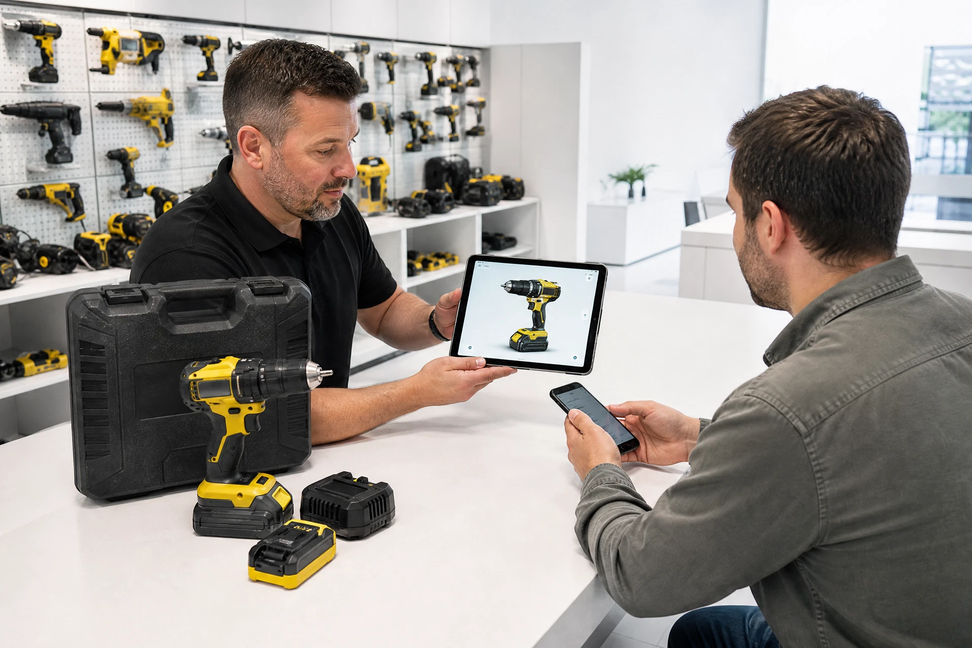 Sales representative sharing a digital cordless drill configuration with a buyer