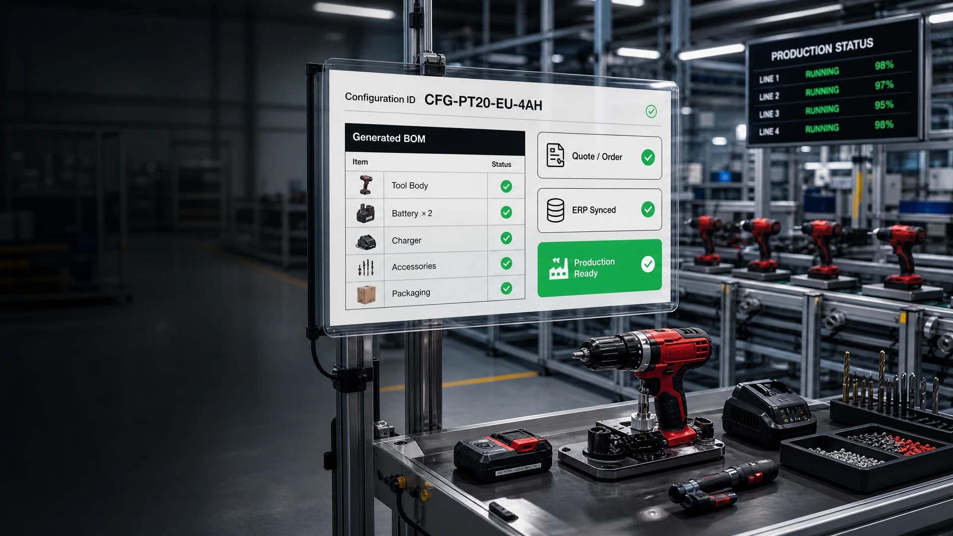 现代化电动工具工厂中，客户配置结果进入BOM、报价、ERP/MES与生产流程